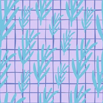 Random seamless doodle pattern with blue rosemary elements. Light lilac chequ Stock Illustration