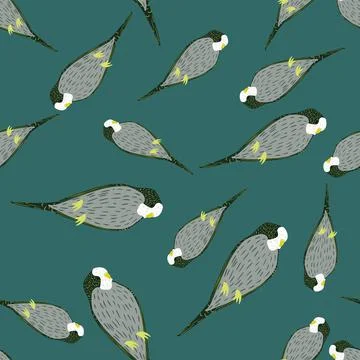 Random seamless doodle pattern with cartoon grey parrot silhouettes. Turquois Stockillustratie