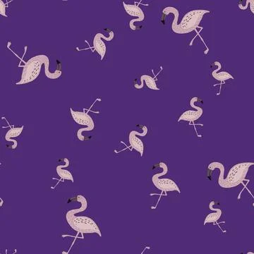 Random seamless doodle pattern with cartoon simple flamingo silhouettes. Purp イラスト素材