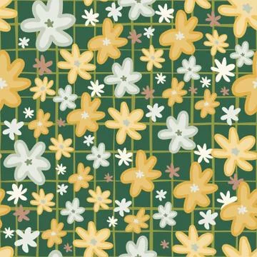 Random seamless doodle pattern with daisy ornament. Yellow and blue flowers o 스톡 일러스트