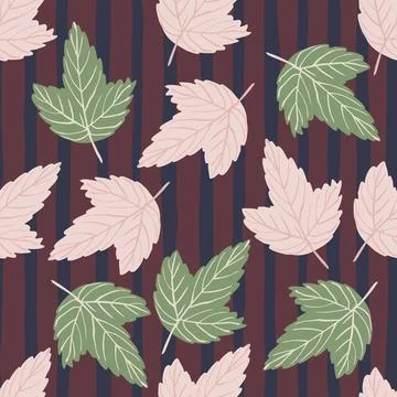 Random seamless doodle pattern with green and light leaf ornament. Striped ba Illustrazione stock