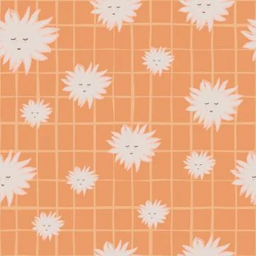Random seamless doodle pattern with happy light grey sun faces. Orange pastel Stock Illustration