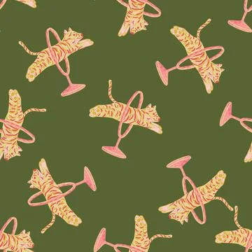 Random seamless doodle pattern with jumping across ring orange colored tiger  Illustrazione stock