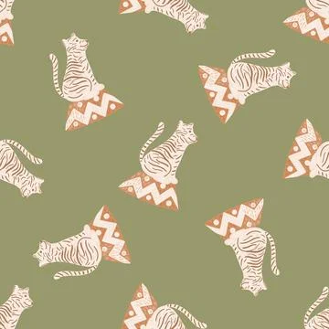 Random seamless doodle pattern with light tiger silhouettes ornament. Green o Stockillustratie