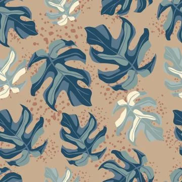 Random seamless doodle pattern with navy blue monstera silhouettes. Beige bac Stock Illustration