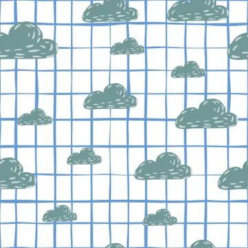 Random seamless doodle pattern with navy blue colored clouds shapes. White ch Stock Illustration