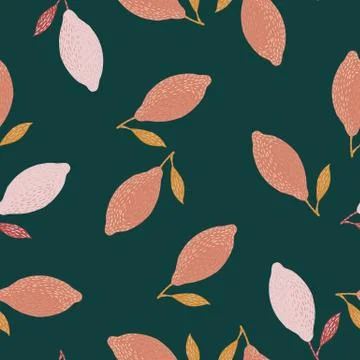 Random seamless doodle pattern with pink lemon ornament. Green dark backgroun Stock Illustration