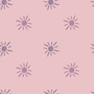Random seamless doodle pattern with purple geometric sun silhouettes. Pink ba Illustrazione stock
