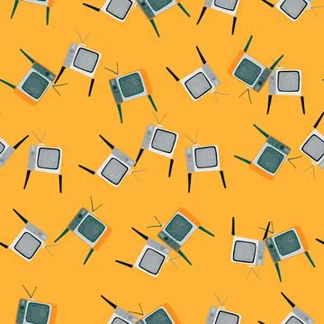 Random seamless doodle pattern with tv simple elements. Orange bright backgro Stock Illustration