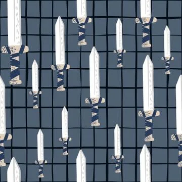 Random seamless doodle pattern with white sword silhouettes. Navy blue cheque Illustrazione stock