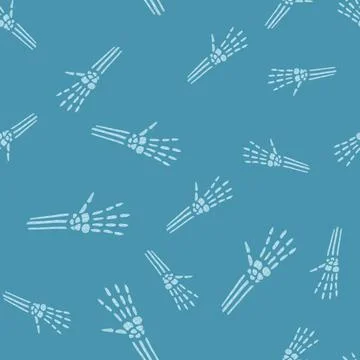 Random seamless doodle pattern with white outline bones hands elements. Blue  Stock Illustration