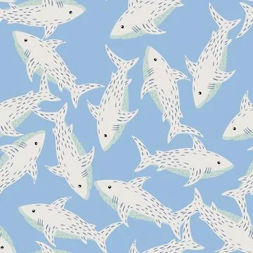 Random seamless doodle pattern with wild animal simple ornament. White sharks Stock Illustration