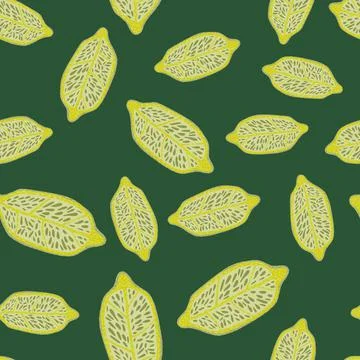 Random seamless doodle pattern with yellow lemons ornament. Green background. Stock Illustration