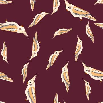 Random seamless doodle zoo pattern with hand drawn beige parrot cockatoo prin Illustrazione stock