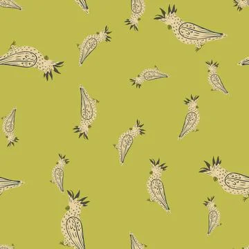 Random seamless doodle zoo pattern with grey contoured cockatoo parrot shapes Stockillustratie