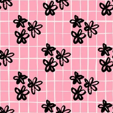 Random seamless floral pattern with brushed black daisy elements. Pink backgr Stock Illustration