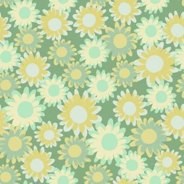 Random seamless floral pattern with daisy flowers. Green and yellow botanic e Stock Illustration