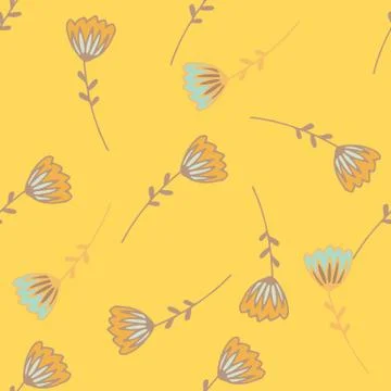 Random seamless floral pattern with outline tulip silhouettes. Yellow backgro Stock Illustration