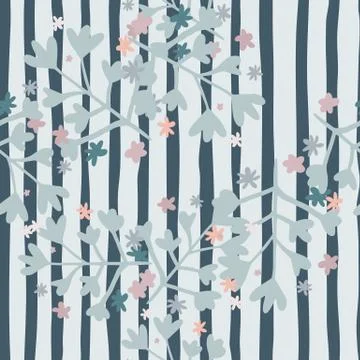 Random seamless floral pattern with pastel blue botanic elements. Light backr 스톡 일러스트