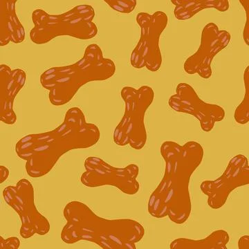 Random seamless food pattern with dogs bone dark orange silhouettes. Pale yel Illustrazione stock