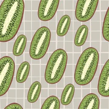 Random seamless food pattern with healthy kiwi green shapes. Grey chequered b Stock Illustration