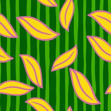 Random seamless funny pattern with doodle yellow outline leaf shapes print. G Stock Illustration