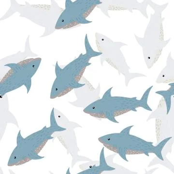 Random seamless light pastel pattern with blue shaks elements. Isolated wild  스톡 일러스트