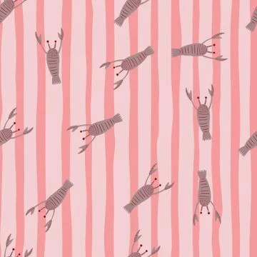 Random seamless marine pattern with pastel purple lobster silhouettes. Animal Illustrazione stock