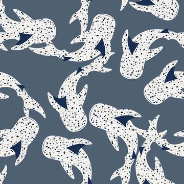 Random seamless marine pattern with white whale sharks. Blue dark pale backgr Illustrazione stock