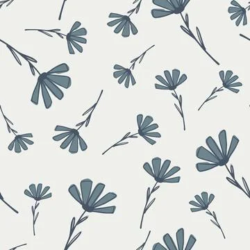 Random seamless nature garden pattern with navy blue outline daisies. Light b Stock Illustration