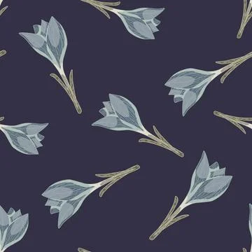 Random seamless nature pattern with simple crocus flower shapes. Blue palette Stock Illustration