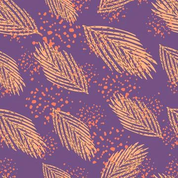 Random seamless new year pattern with bright orange fir tree branches. Purple Stock Illustration