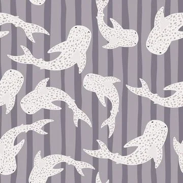 Random seamless ocean animal pattern with whale sharks. Purple pastel striped Stock Illustration