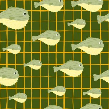 Random seamless ocean wildlife pattern with doodle puffer fish ornament. Gree 스톡 일러스트