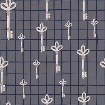 Random seamless patten with doodle keys elements. White steel secret shapes o Stock Illustration