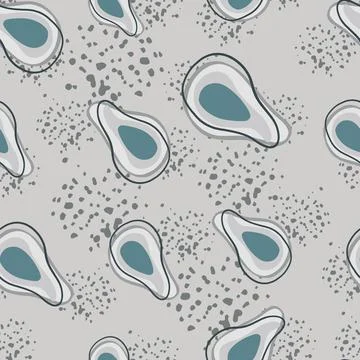 Random seamless pattern with abstract avocado elements. Grey background with  Illustrazione stock