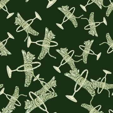 Random seamless pattern with abstract circus tiger jumping cats print. Green  イラスト素材