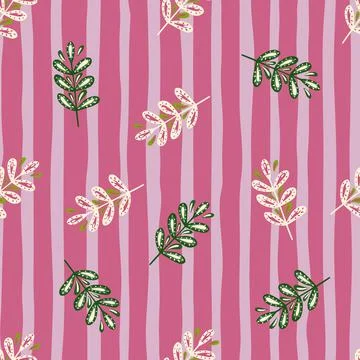 Random seamless pattern with abstract doodle leaf branches shapes. Pink strip Illustrazione stock