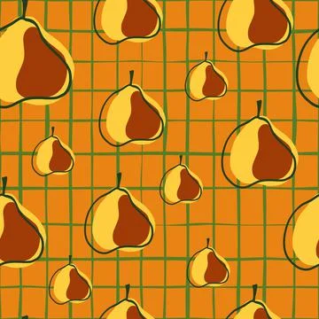 Random seamless pattern with abstract pear elements shapes. Orange chequered  스톡 일러스트