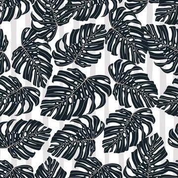 Random seamless pattern in abstract style with black monstera shapes on light Illustrazione stock