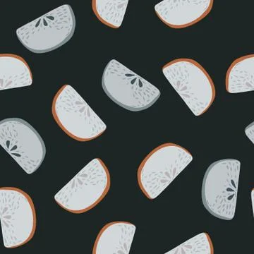 Random seamless pattern with apple slices. Hand drawn fruit elements on dark  Illustrazione stock