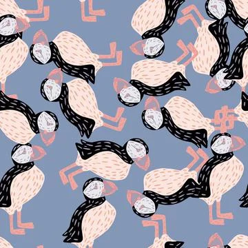 Random seamless pattern with arctic bird puffin silhouettes. Blue background. 스톡 일러스트
