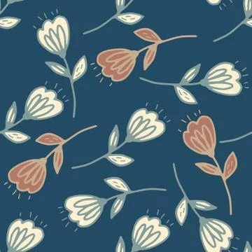 Random seamless pattern with beige and pastel brick flowers. Dark blue backgr Illustrazione stock