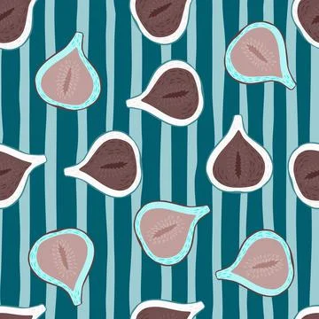 Random seamless pattern with beige and brown vitamin fig shapes. Blue striped Stock Illustration