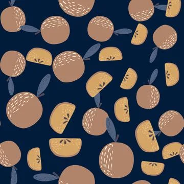 Random seamless pattern with beige colored apple elements. Navy blue colored  Illustrazione stock