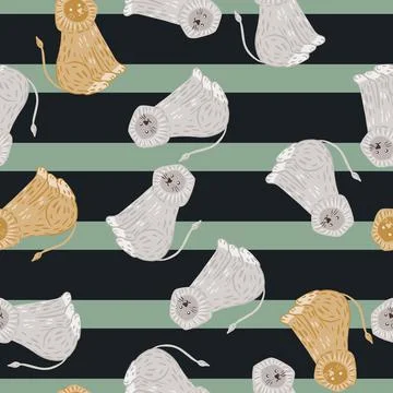 Random seamless pattern with blue and beige random lion ornament. Striped bac Stock Illustration
