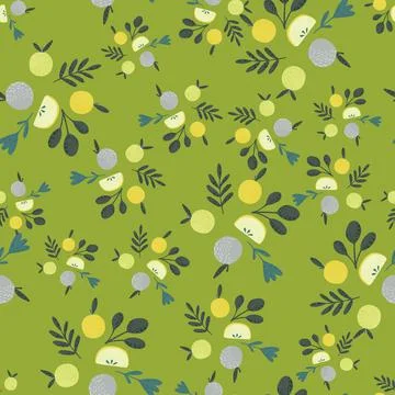 Random seamless pattern with blue and yellow apples and leaf elements. Green  Ilustración de archivo