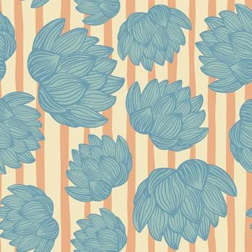 Random seamless pattern with blue colored lotus flower shapes. Orange striped Stock Illustration