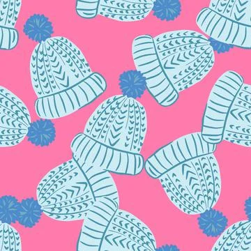 Random seamless pattern with blue cozy hat silhouettes. Pink bright backgroun Illustrazione stock