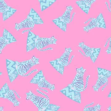 Random seamless pattern with blue hand drawn circus tiger ornament. Pink back Illustrazione stock